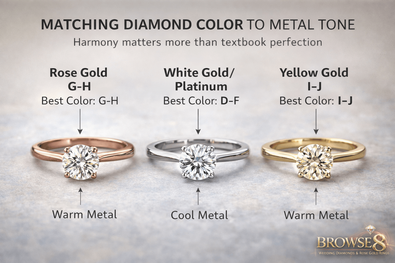 Showing the best diamond color depending on the ring metal